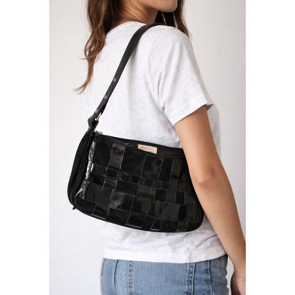 Nicoli Italy Black Suede Patent Leather Patchwork Shoulder Bag Baguette Y2K